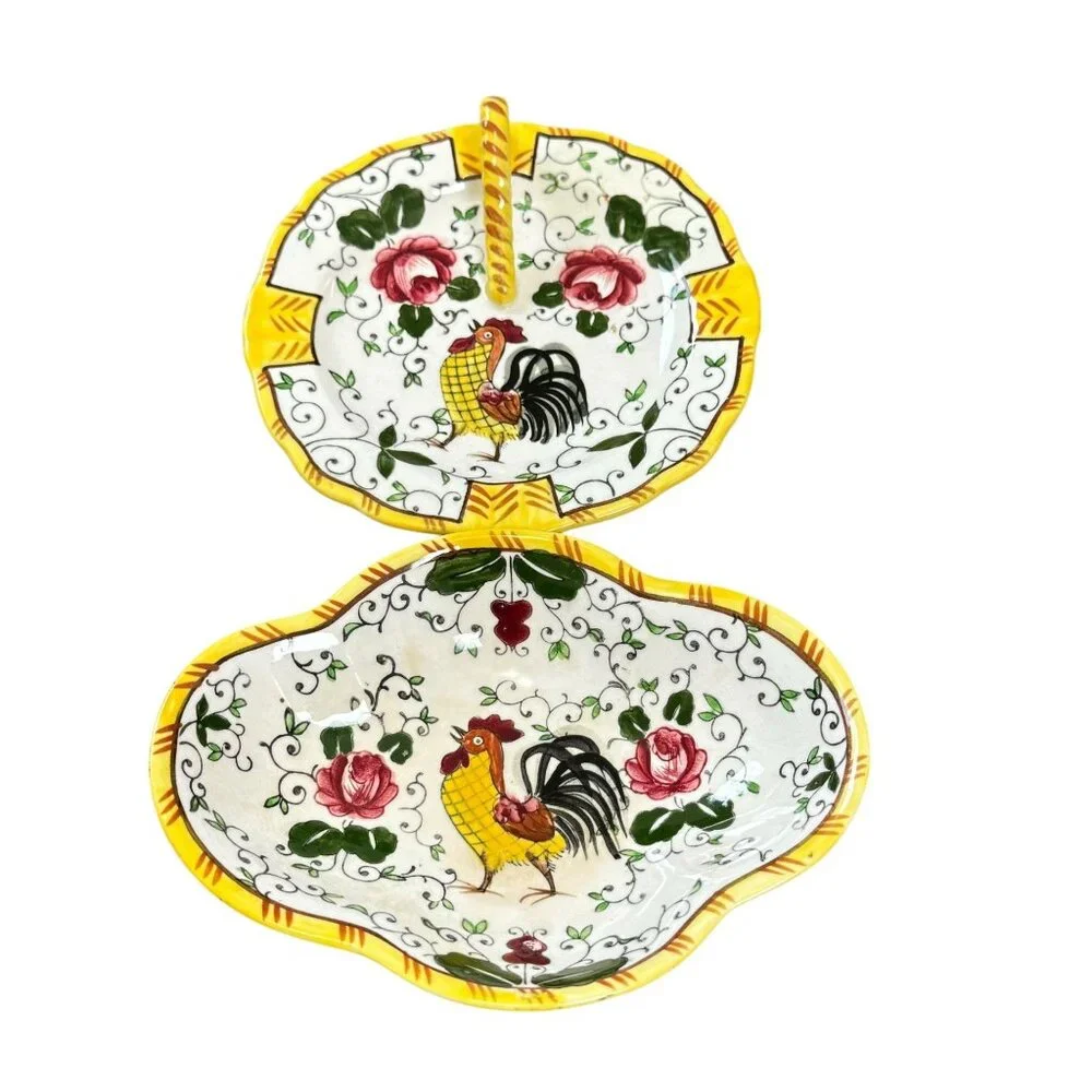 Vintage Ucagco Rooster, Roses Dish Early Provincial Underglaze Decorative Plate - Picture 3 of 14